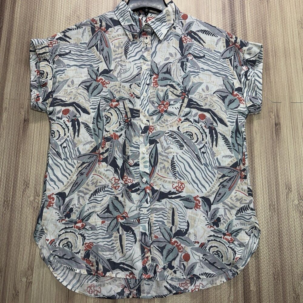 Lauren Ralph Lauren Womens M Relaxed Fit Linen Button Shirt Gray Floral